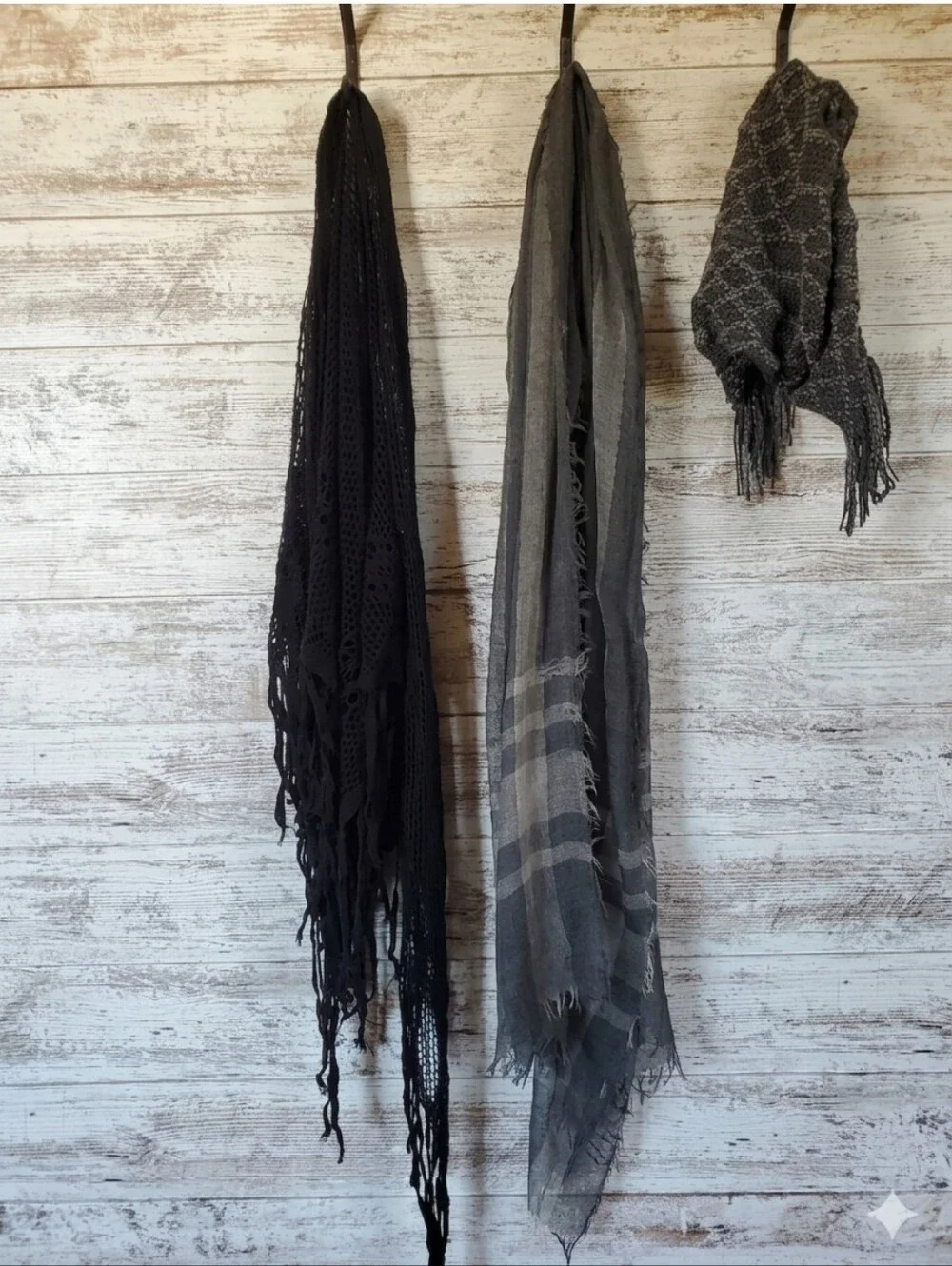 3pc Scarf Set Black Crochet Triangle - Striped Linen Rectangle - Fringe Cowl